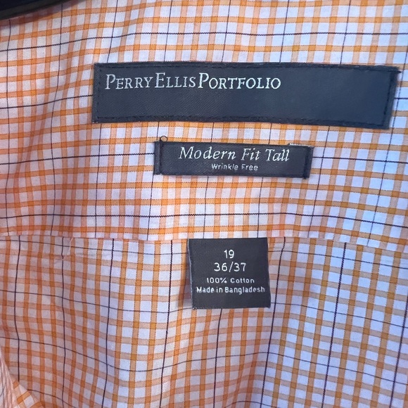 Perry Ellis Modern Fit Sz 19 36/37 Orange and White Blue Pin Stripe Dress Shirt - Picture 1 of 5